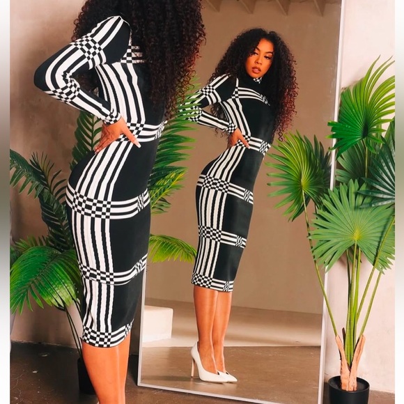 Black and White Checkered Midi Dress - Picture 2 of 8